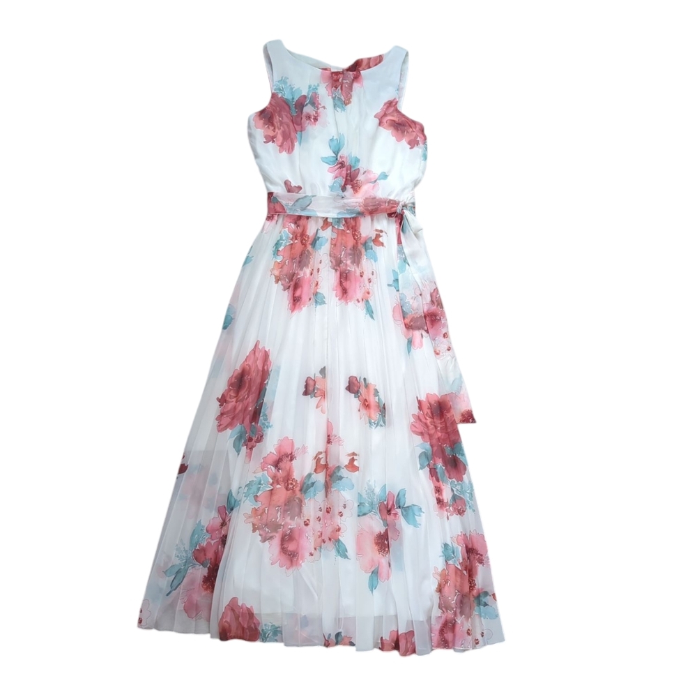 Premier Amour Floral Blouson Pleated Lined Maxi Dress 16 White Pink Green